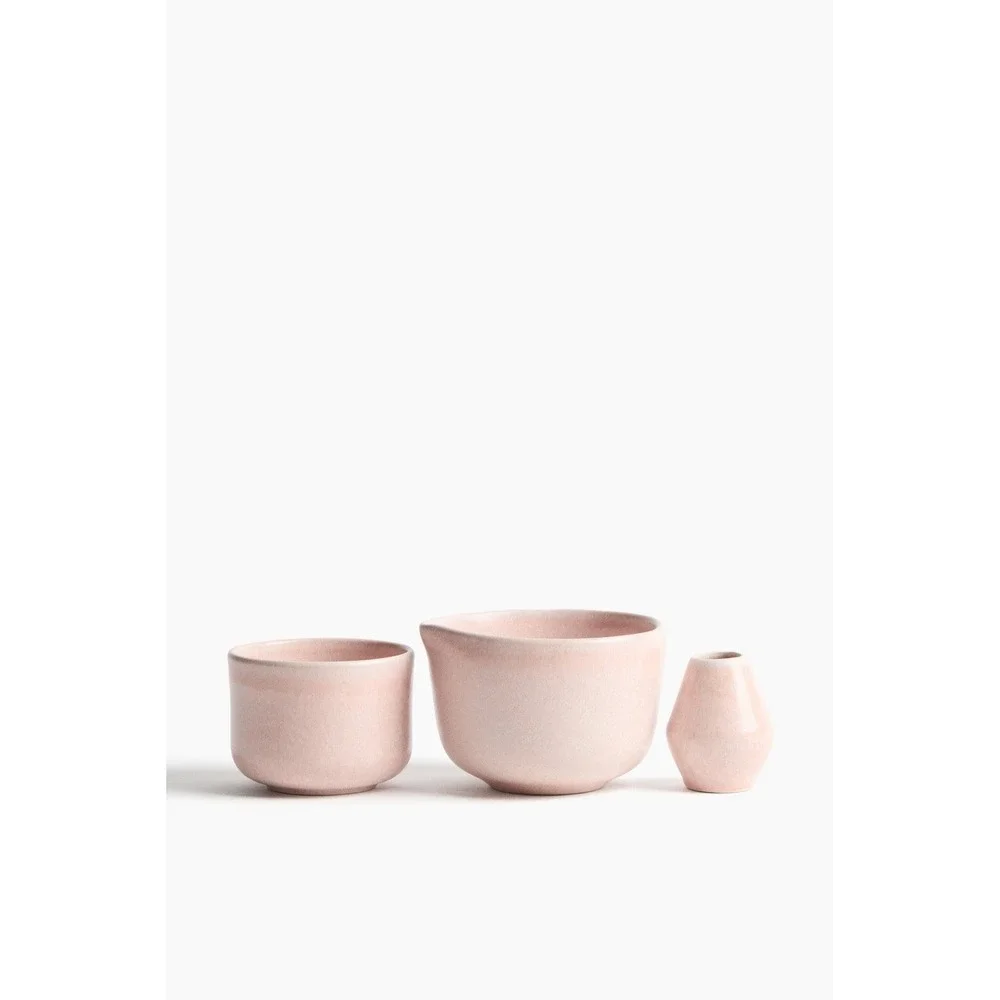 STONEWARE MATCHA SET 3 Pieces Light Pink Ceramic Spouted Bowl‎ Tea Cup Whisk